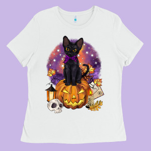 Halloween Black Cat Pumpkin Ladies Tee Designed By Barkaloodesign