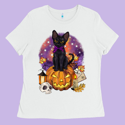 Halloween Black Cat Pumpkin Ladies Tee Designed By Barkaloodesign