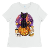 White halloween black cat pumpkin Ladies Tee - BarkalooDesign