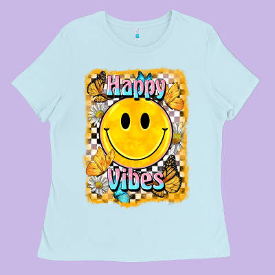 Happy Vibes Smiley Face Ladies Tee Designed By Barkaloodesign