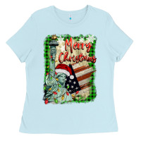 Baby Blue merry christmas  statue of liberty Ladies Tee - BarkalooDesign