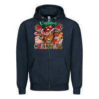 Navy Happy Christmas Cow Zipper Hoodie - CowhideDigitalArt
