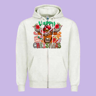 Happy Christmas Cow Zipper Hoodie Designed By Cowhidedigitalart