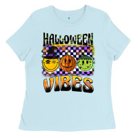 Baby Blue halloween vibes smiley face Ladies Tee - BarkalooDesign
