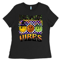 Black halloween vibes smiley face Ladies Tee - BarkalooDesign