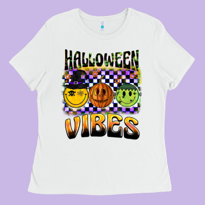 Halloween Vibes Smiley Face Ladies Tee Designed By Barkaloodesign