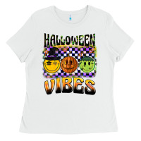 White halloween vibes smiley face Ladies Tee - BarkalooDesign