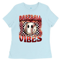 Baby Blue baseball vibes smiley face Ladies Tee - BarkalooDesign