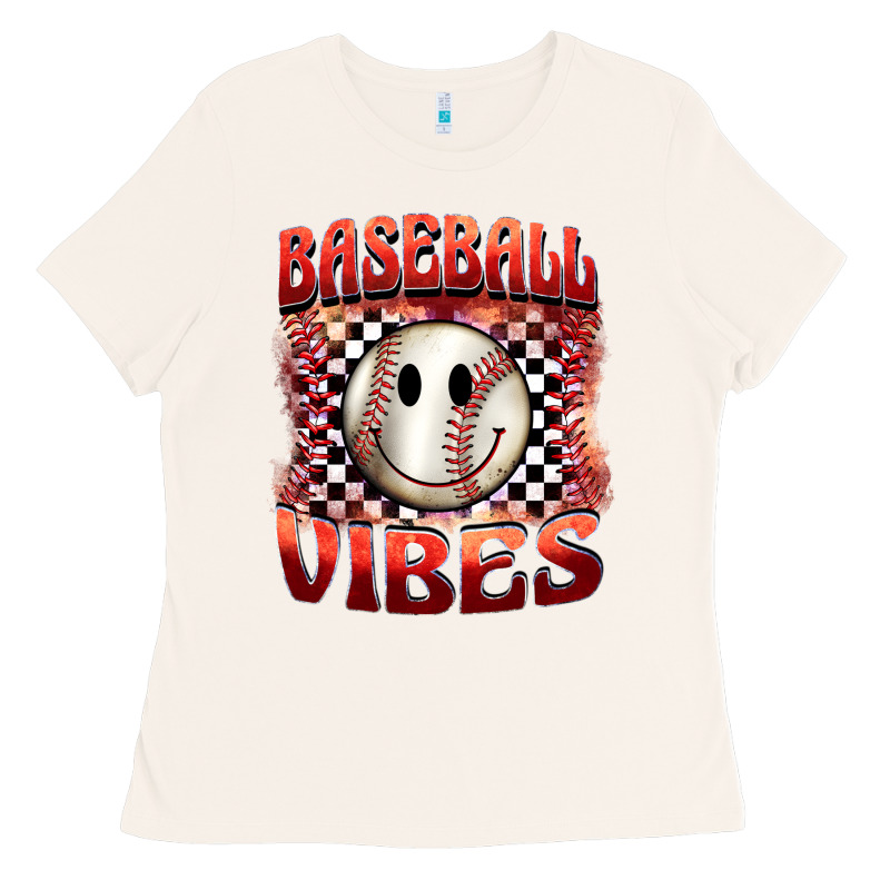Baseball Vibes Smiley Face Ladies Tee by BarkalooDesign | Teevron