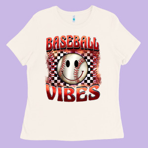 Baseball Vibes Smiley Face Ladies Tee Designed By Barkaloodesign