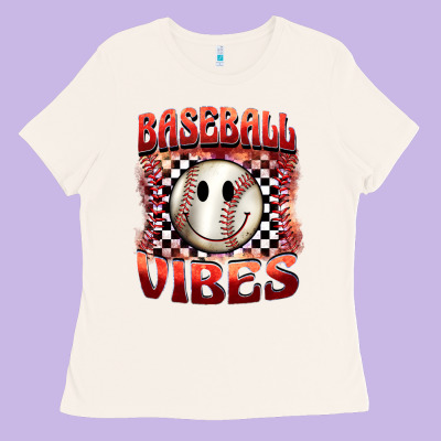 Baseball Vibes Smiley Face Ladies Tee Designed By Barkaloodesign