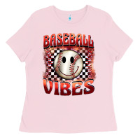 Bubblegum Pink baseball vibes smiley face Ladies Tee - BarkalooDesign