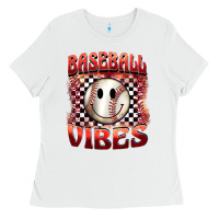 White baseball vibes smiley face Ladies Tee - BarkalooDesign