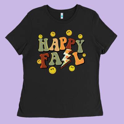 Happy Fall Smiley Face Ladies Tee Designed By Barkaloodesign