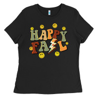 Black happy fall smiley face Ladies Tee - BarkalooDesign