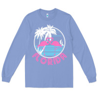 Colony Blue Hot Trend Florida Pink Flamingo Heart 80S Retro Vintage Style Long Sleeve Tee - lanVoArt