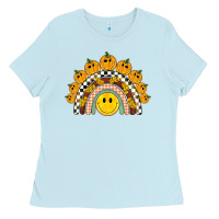 Baby Blue fall smiley face groovy rainbow Ladies Tee - BarkalooDesign