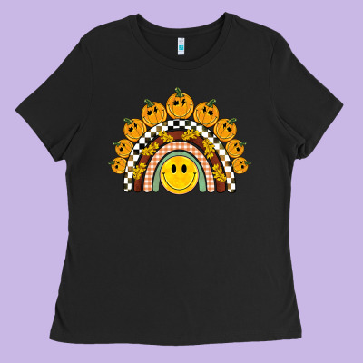 Fall Smiley Face Groovy Rainbow Ladies Tee Designed By Barkaloodesign