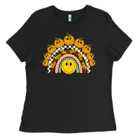 Black fall smiley face groovy rainbow Ladies Tee - BarkalooDesign