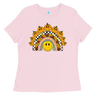 Bubblegum Pink fall smiley face groovy rainbow Ladies Tee - BarkalooDesign