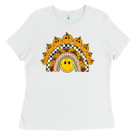 White fall smiley face groovy rainbow Ladies Tee - BarkalooDesign