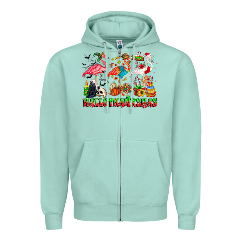 Happy Hallothanksmas Flamingo Zipper Hoodie by CowhideDigitalArt | Teevron