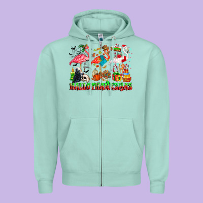 Happy Hallothanksmas Flamingo Zipper Hoodie Designed By Cowhidedigitalart