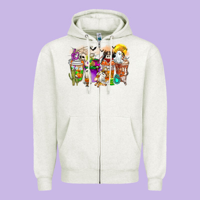 Halloween Western Boo Coffee Cups Zipper Hoodie Designed By Cowhidedigitalart