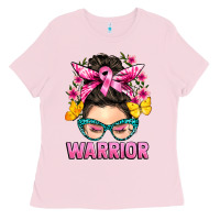 Bubblegum Pink cancer warrior messy bun Ladies Tee - BarkalooDesign