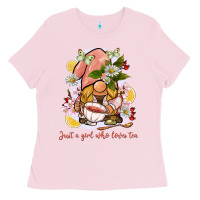 Bubblegum Pink just a girl who loves tea gnome Ladies Tee - BarkalooDesign