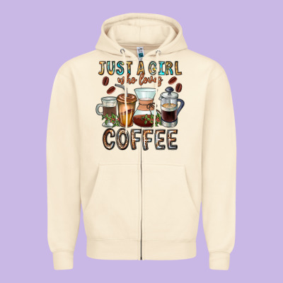 Just A Girl Who Loves Coffee Zipper Hoodie Designed By Cowhidedigitalart