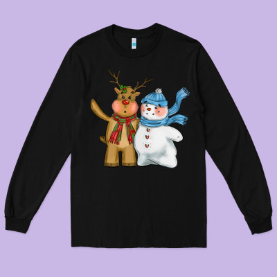 Christmas Reindeer Snowman Long Sleeve Tee Designed By Cowgirlartshop