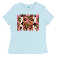 Baby Blue cactus leopard cowhide brush stroke Ladies Tee - Artiststas