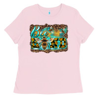 Bubblegum Pink bee kind with sunflower and leopard background Ladies Tee - Artiststas