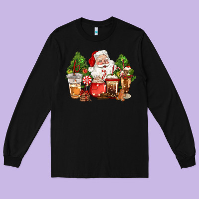 Christmas Santa Coffee Cups Long Sleeve Tee Designed By Cowgirlartshop