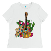 White ,mexican sombrero guitar rose cactus Ladies Tee - Artiststas