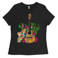 Black ,mexican sombrero guitar rose cactus Ladies Tee - Artiststas