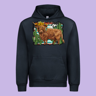 Western Cactus Highland Cow Urban Hoodie Designed By Barkaloodesign