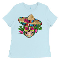 Baby Blue mexican skull sombrero roses cactus serape Ladies Tee - Artiststas