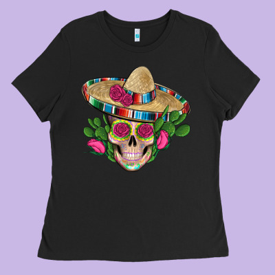 Mexican Skull Sombrero Roses Cactus Serape Ladies Tee Designed By Artiststas