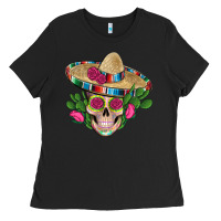 Black mexican skull sombrero roses cactus serape Ladies Tee - Artiststas