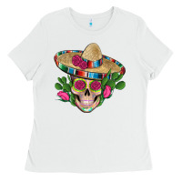 White mexican skull sombrero roses cactus serape Ladies Tee - Artiststas