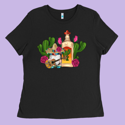 Mexican Tequila Gnomes Guitar Roses Cactus Serape Ladies Tee Designed By Artiststas