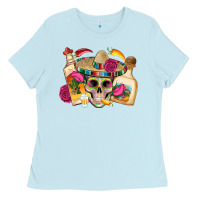 Baby Blue mexican skull sombrero tequila bottle paper roses Ladies Tee - Artiststas