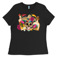 Black mexican skull sombrero tequila bottle paper roses Ladies Tee - Artiststas