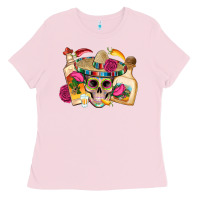 Bubblegum Pink mexican skull sombrero tequila bottle paper roses Ladies Tee - Artiststas