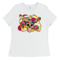 Mexican Skull Sombrero Tequila Bottle Paper Roses Ladies Tee | Teevron