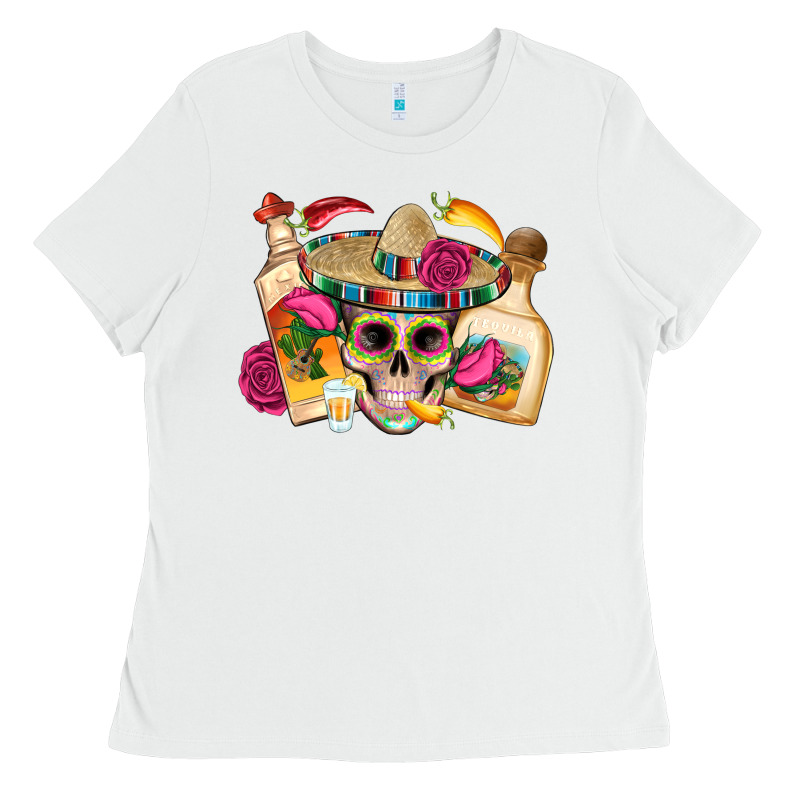 Mexican Skull Sombrero Tequila Bottle Paper Roses Ladies Tee by Artiststas | Teevron