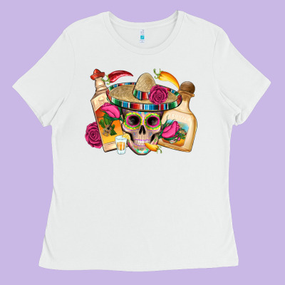Mexican Skull Sombrero Tequila Bottle Paper Roses Ladies Tee Designed By Artiststas