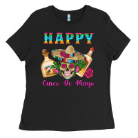 Black Happy Cinco De Mayo Mexican Skull Tequila Bottle Roses Cactus Ladies Tee - Artiststas